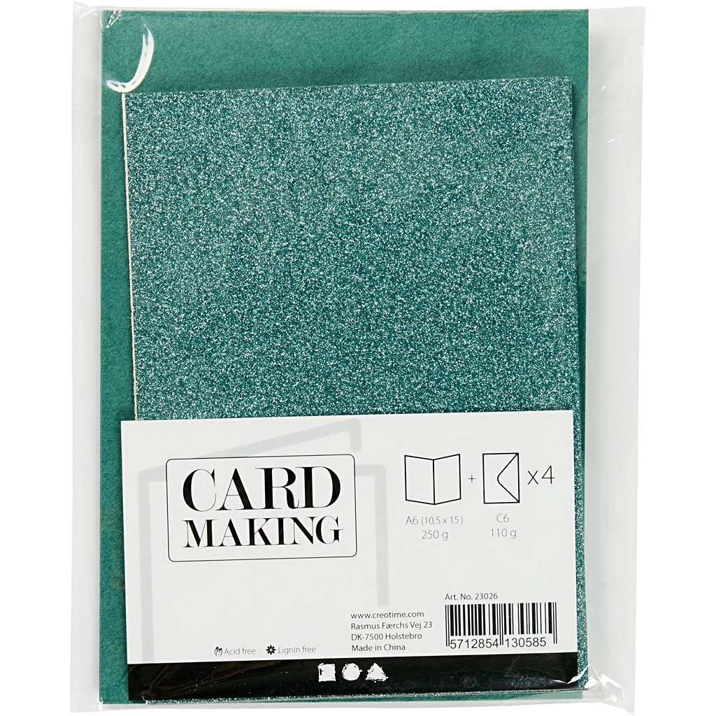 Kort og kuverter, kort str. 10,5x15 cm, kuvert str. 11,5x16,5 cm, glitter, 110+250 g, grøn, 4 sæt/ 1 pk.