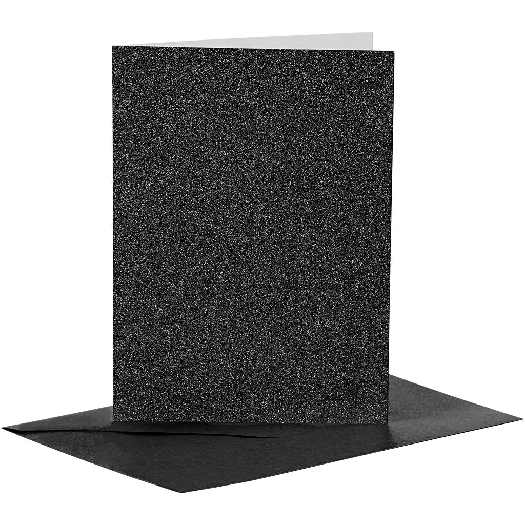 Kort og kuverter, kort str. 10,5x15 cm, kuvert str. 11,5x16,5 cm, glitter, 110+250, sort, 4 sæt/ 1 pk.