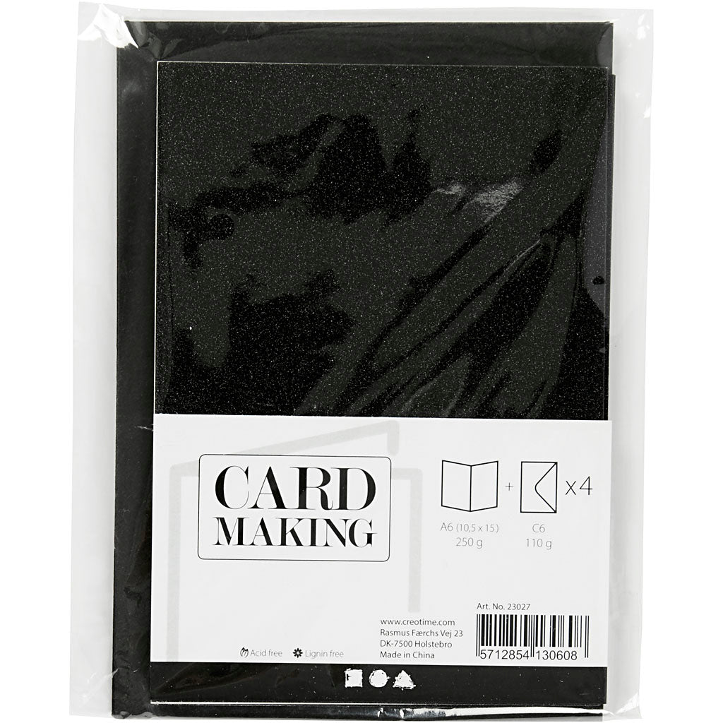 Kort og kuverter, kort str. 10,5x15 cm, kuvert str. 11,5x16,5 cm, glitter, 110+250, sort, 4 sæt/ 1 pk.
