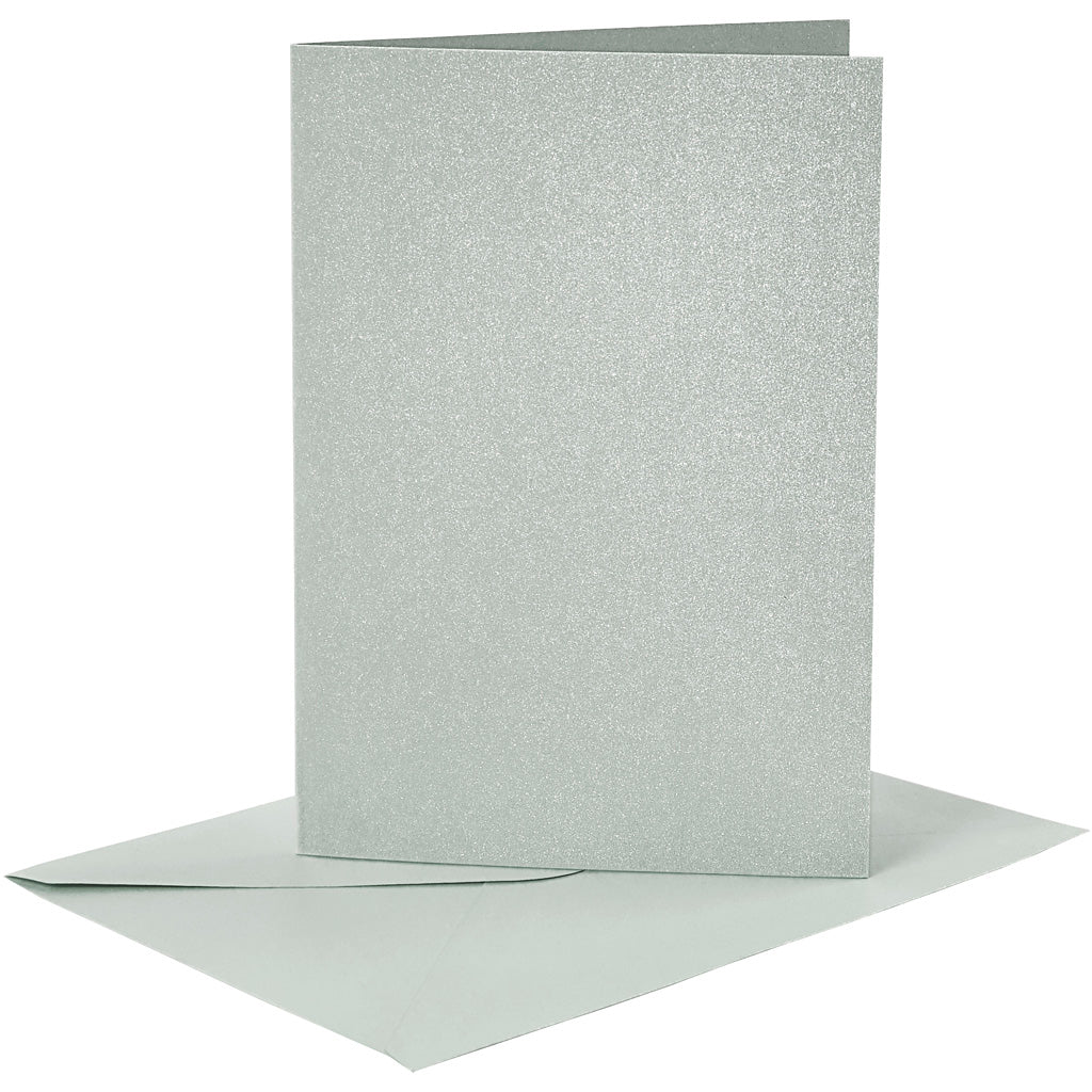 Kort og kuverter, kort str. 10,5x15 cm, kuvert str. 11,5x16,5 cm, perlemor, 120+210 g, sølv, 4 sæt/ 1 pk.