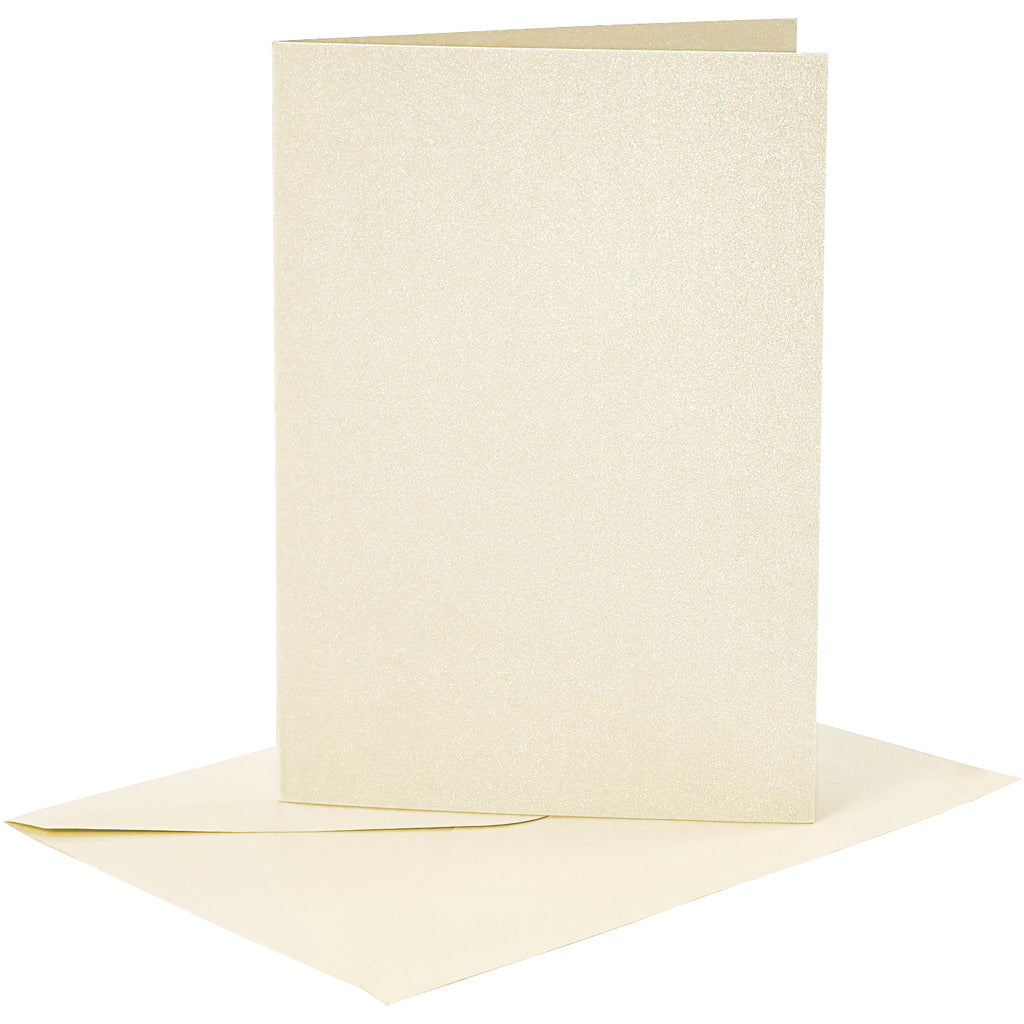 Kort og kuverter, kort str. 10,5x15 cm, kuvert str. 11,5x16,5 cm, perlemor, 120+210 g, råhvid, 4 sæt/ 1 pk.