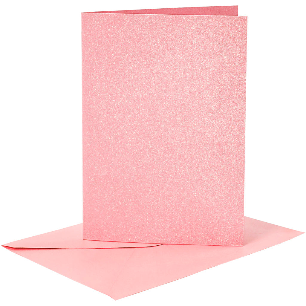 Kort og kuverter, kort str. 10,5x15 cm, kuvert str. 11,5x16,5 cm, perlemor, 120+210 g, rosa, 4 sæt/ 1 pk.