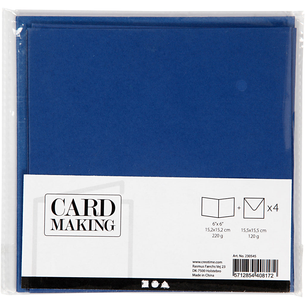 Kort og kuverter, kort str. 15,2x15,2 cm, kuvert str. 16x16 cm, 220 g, blå, 4 sæt/ 1 pk.