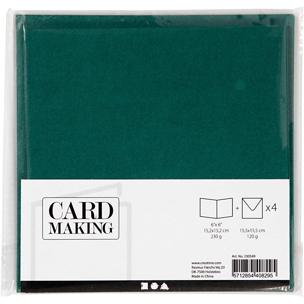 Kort og kuverter, kort str. 15,2x15,2 cm, kuvert str. 16x16 cm, 230 g, mørk grøn, 4 sæt/ 1 pk.