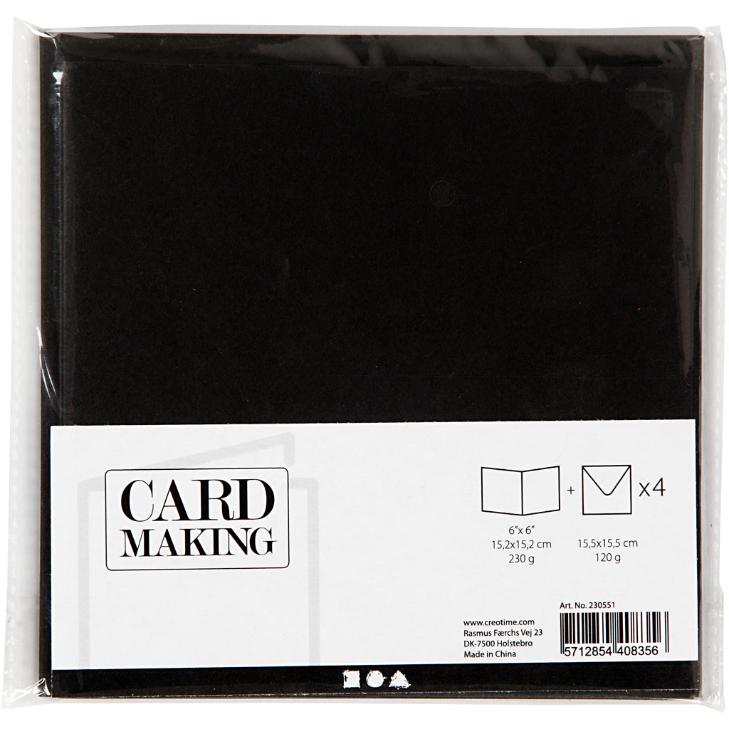 Kort og kuverter, kort str. 15,2x15,2 cm, kuvert str. 16x16 cm, 230 g, sort, 4 sæt/ 1 pk.