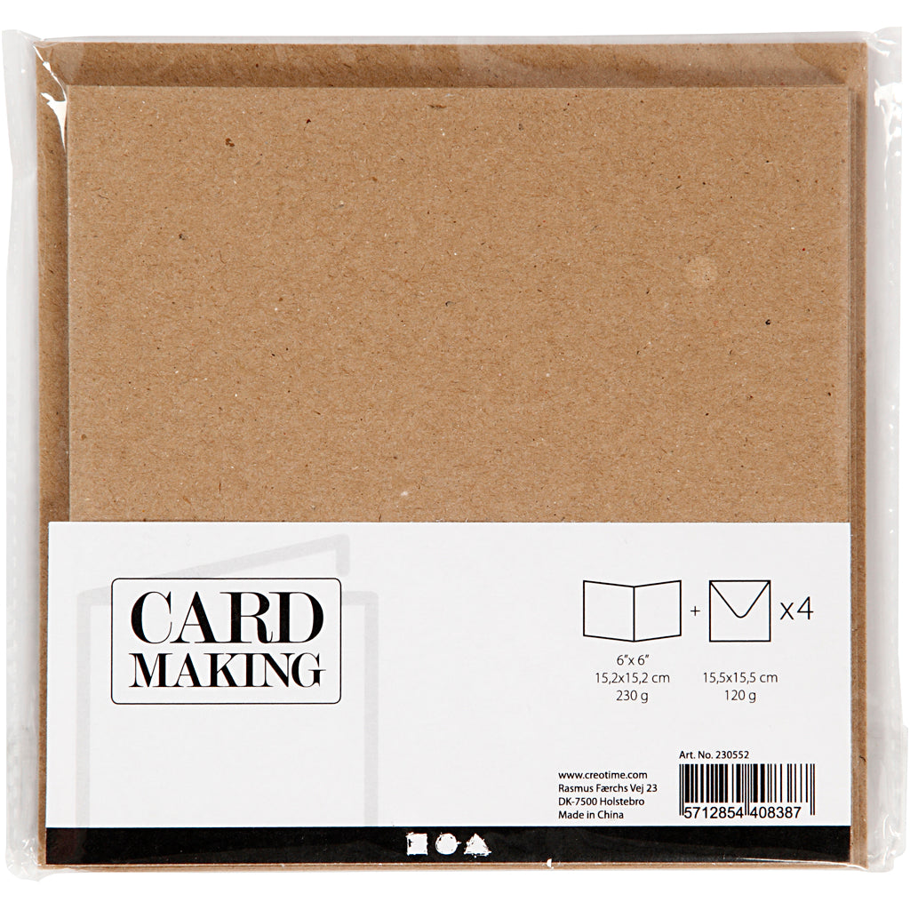 Kort og kuverter, kort str. 15,2x15,2 cm, kuvert str. 16x16 cm, 230 g, natur, 4 sæt/ 1 pk.