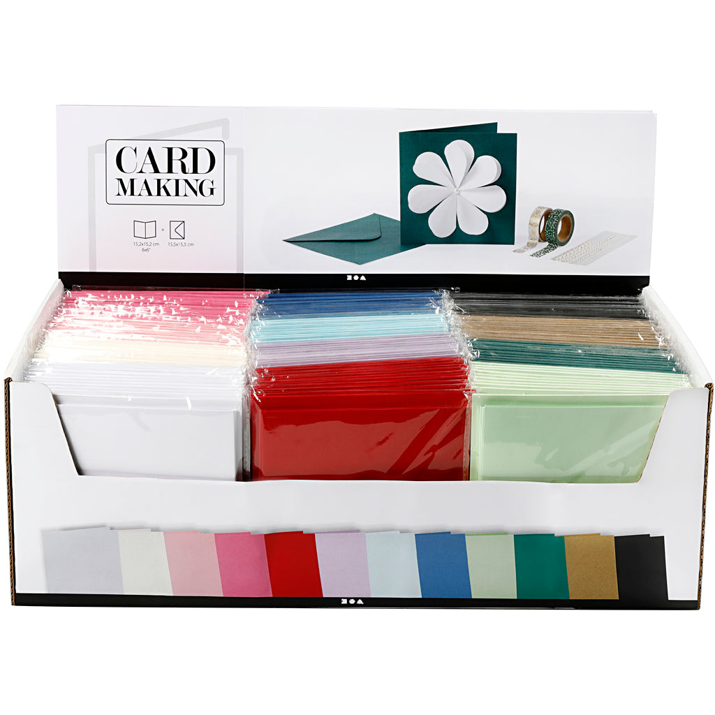 Elegante Kort og Kuverter - 12x10pk, Ass. Farver