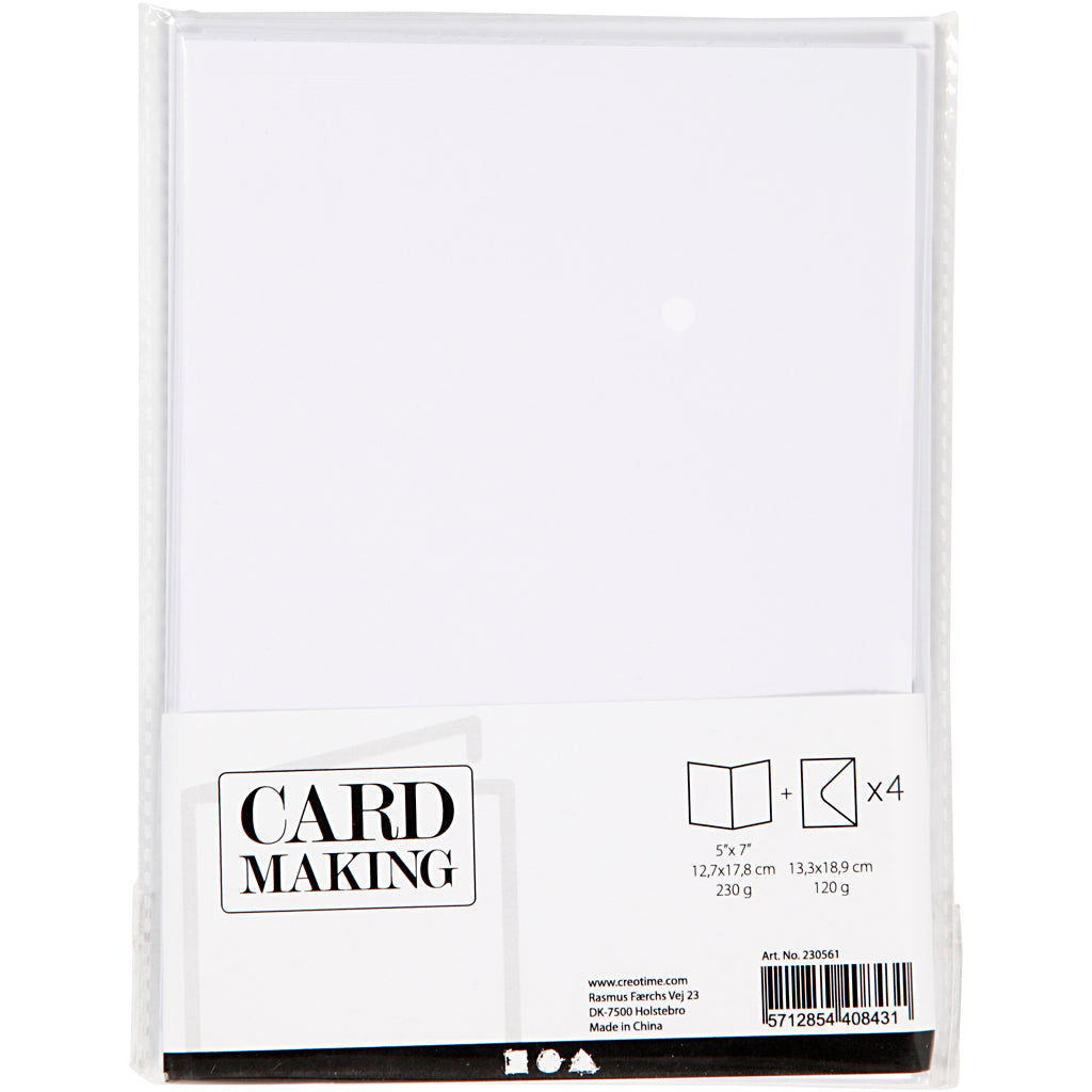 Kort og kuverter, kort str. 12,7x17,8 cm, kuvert str. 13,3x18,5 cm, 230 g, hvid, 4 sæt/ 1 pk.