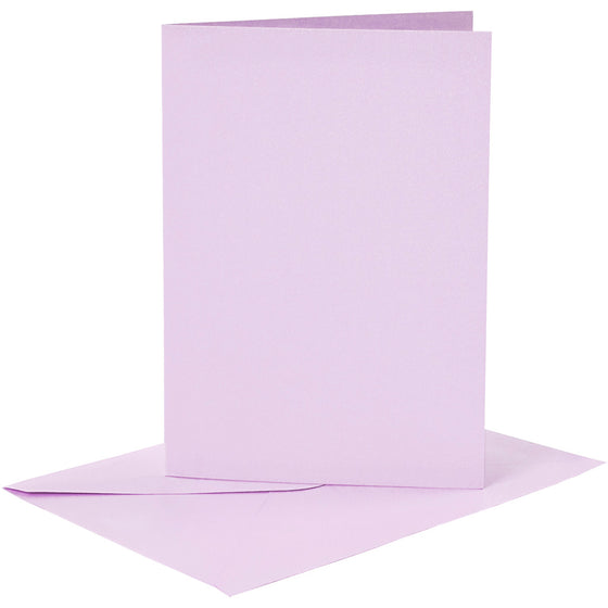 Kort og kuverter, kort str. 10,5x15 cm, kuvert str. 11,5x16,5 cm, 120+210 g, lys lilla, 6 sæt/ 1 pk.