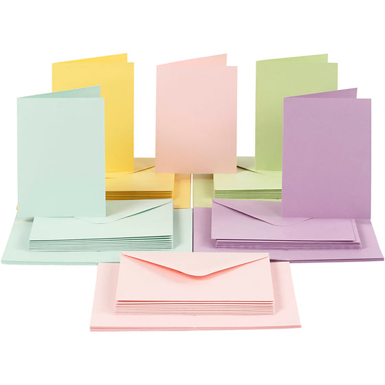 Kort og kuverter, kort str. 10,5x15 cm, kuvert str. 11,5x16,5 cm, 110+220, pastelfarver, 50 sæt/ 1 pk.