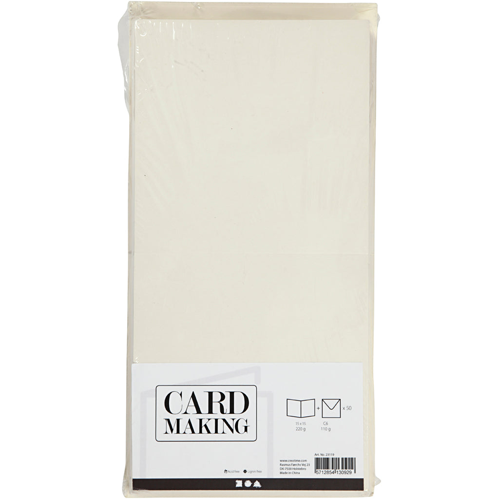 Kort og kuverter, kort str. 15x15 cm, kuvert str. 16x16 cm, 110+220 g, råhvid, 50 sæt/ 1 pk.