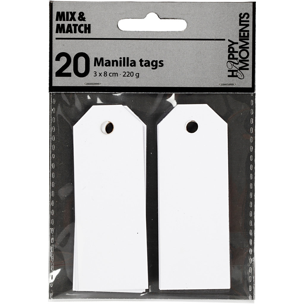 Manilamærker, str. 3x8 cm, 220 g, hvid, 20 stk./ 1 pk.