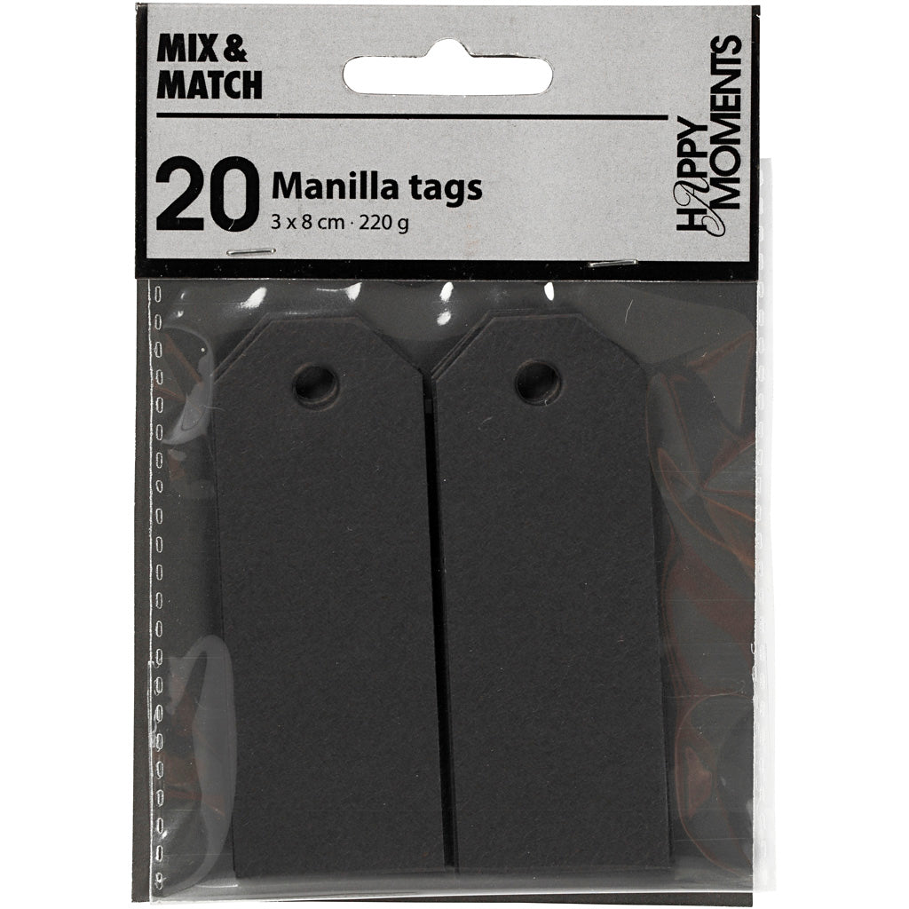 Manilamærker, str. 3x8 cm, 220 g, sort, 20 stk./ 1 pk.
