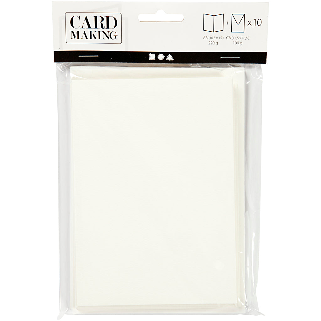 Brevkort, kort str. 10,5x15 cm, kuvert str. 11,5x16,5 cm, råhvid, 10 sæt/ 1 pk.