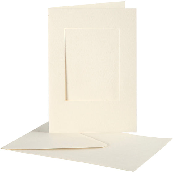 Passepartoutkort med kuvert, rektangulær, kort str. 10,5x15 cm, kuvert str. 11,5x16,5 cm, råhvid, 10 sæt/ 1 pk.