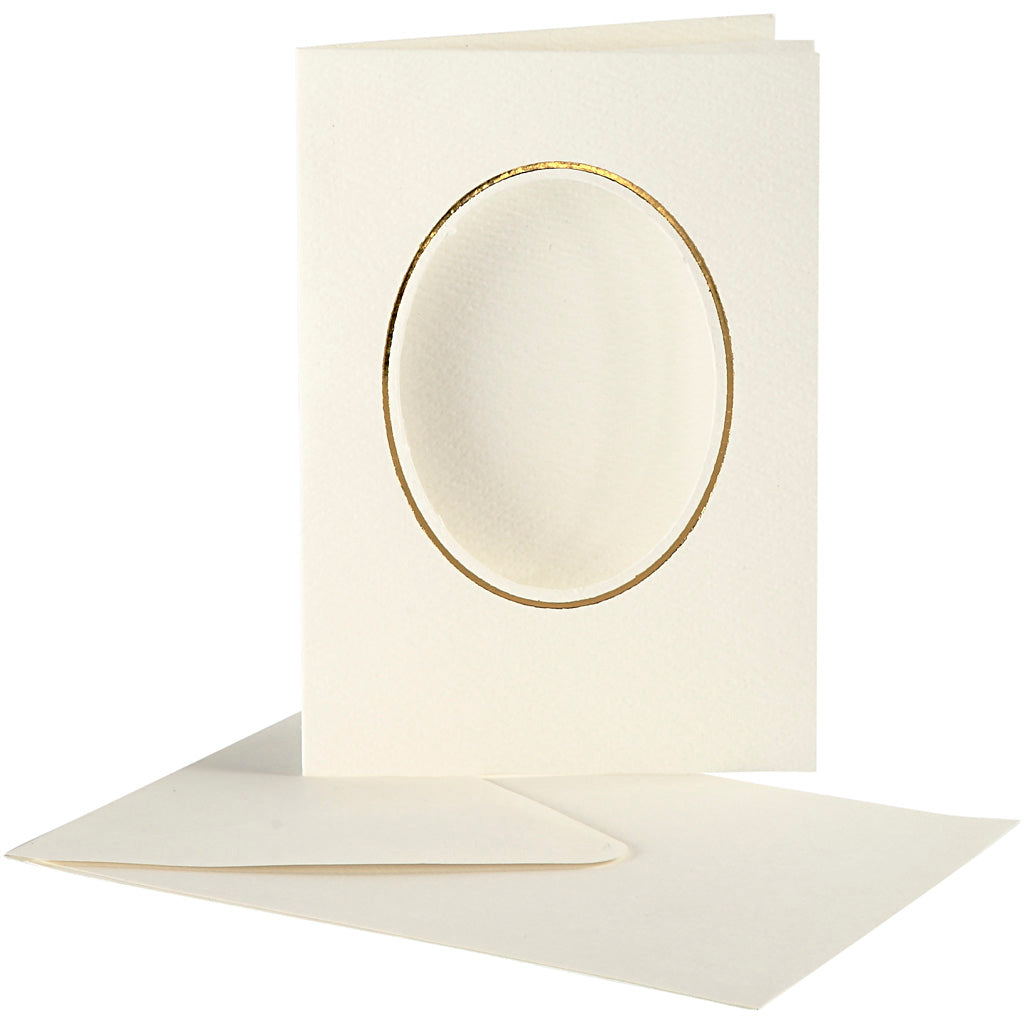 Passepartoutkort med kuvert, oval med guldkant, kort str. 10,5x15 cm, kuvert str. 11,5x16,5 cm, råhvid, 10 sæt/ 1 pk.