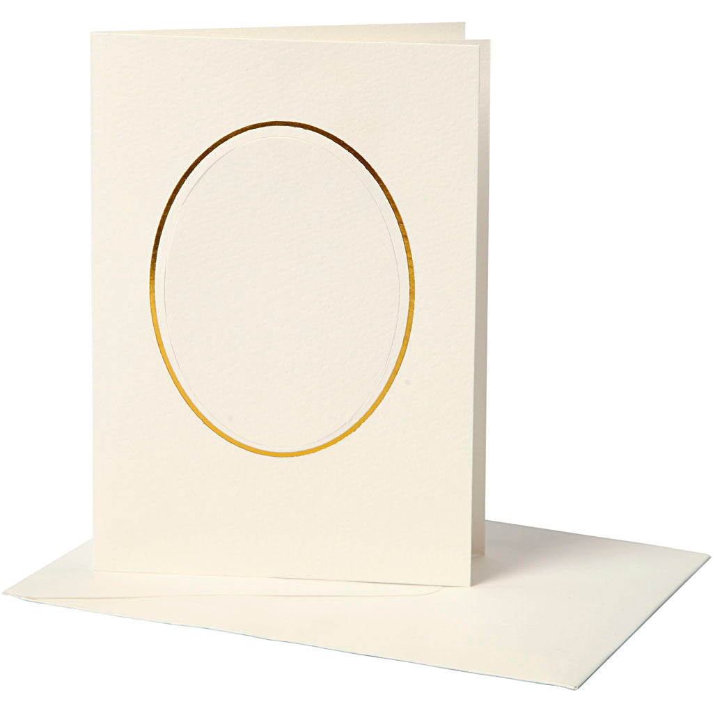 Passepartoutkort med kuvert, oval med guldkant, kort str. 10,5x15 cm, kuvert str. 11,5x16,5 cm, råhvid, 10 sæt/ 1 pk.