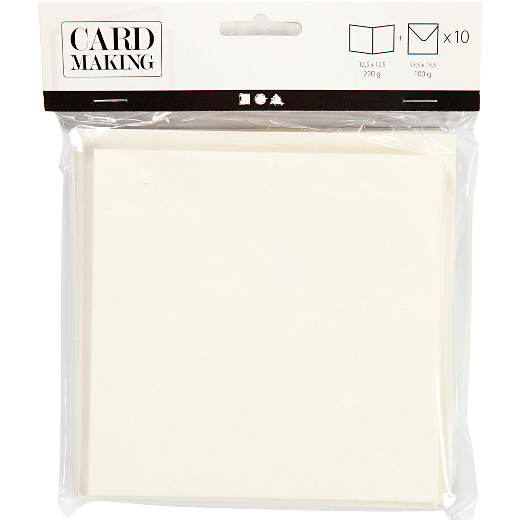 Brevkort, kort str. 12,5x12,5 cm, kuvert str. 13,5x13,5 cm, råhvid, 10 sæt/ 1 pk.