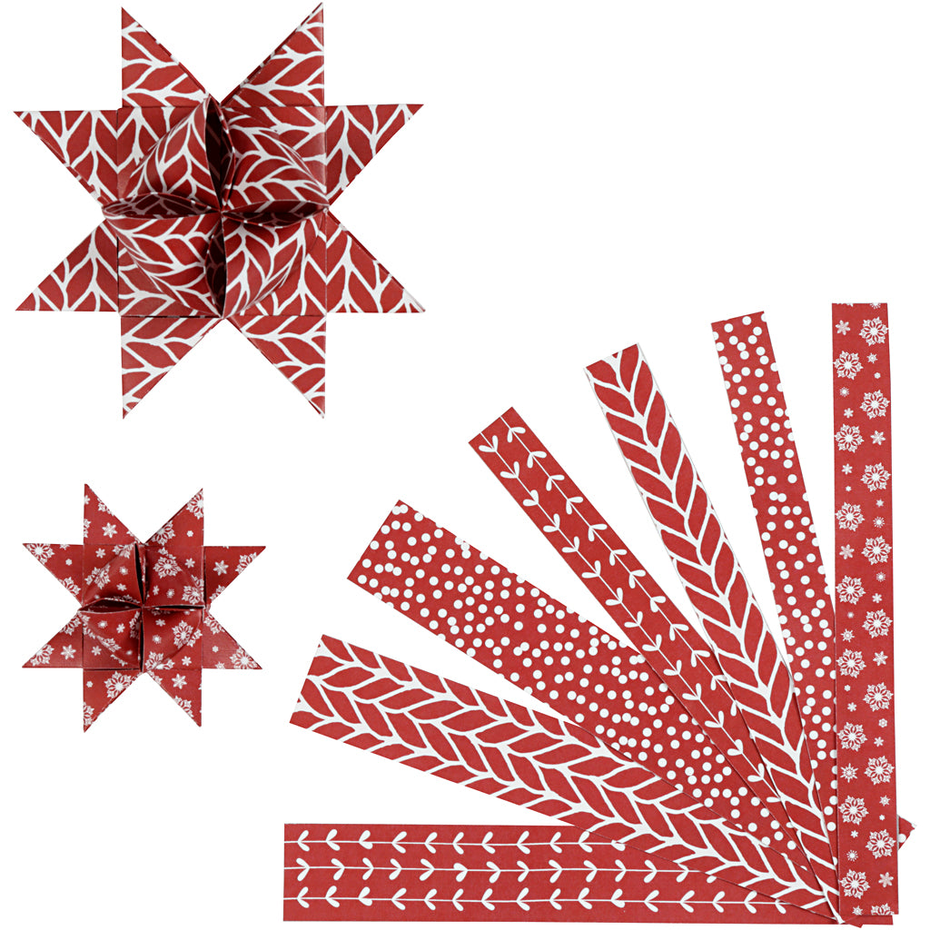 Stjernestrimler, L: 44+78 cm, B: 15+25 mm, diam. 6,5+11,5 cm, rød, hvid, 60 strimler/ 1 pk.