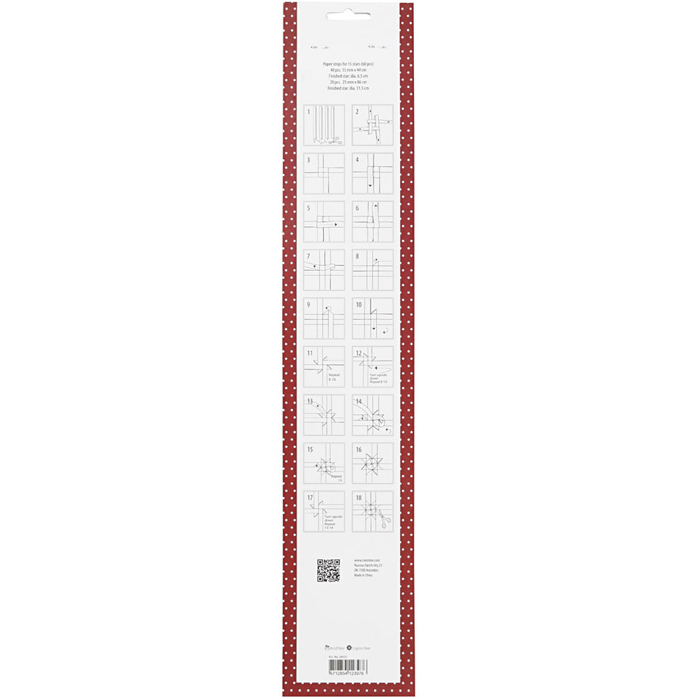 Stjernestrimler, L: 44+78 cm, B: 15+25 mm, diam. 6,5+11,5 cm, rød, hvid, 60 strimler/ 1 pk.