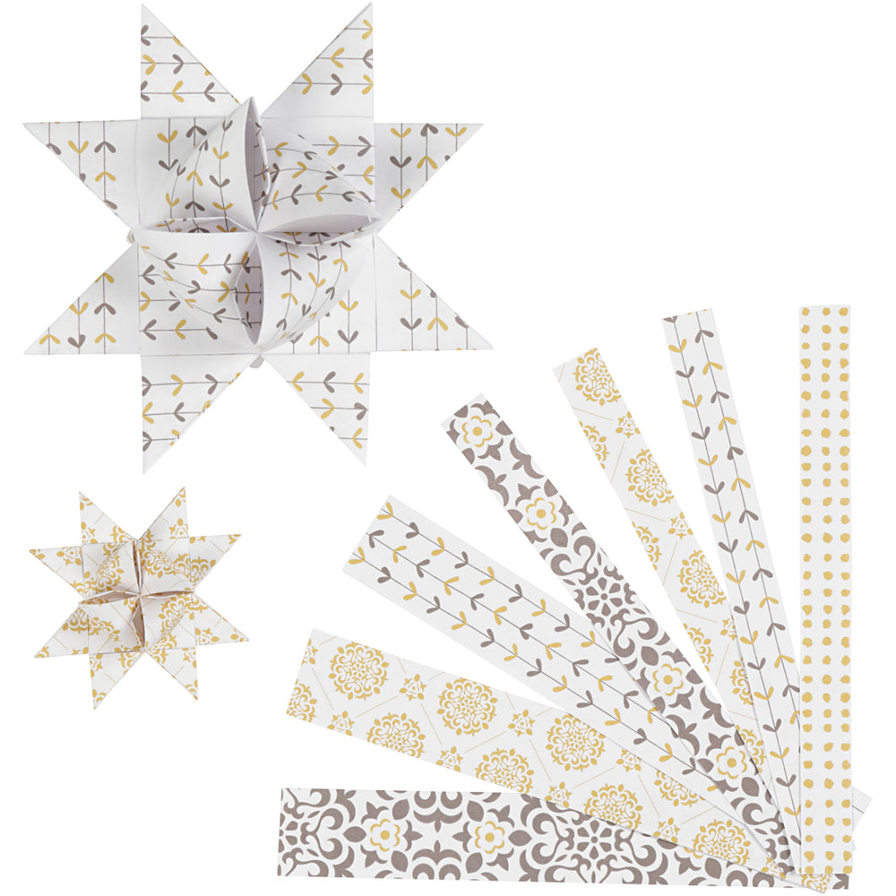 Stjernestrimler, L: 44+78 cm, diam. 6,5+11,5 cm, B: 15+25 mm, guld, hvid, 48 strimler/ 1 pk.