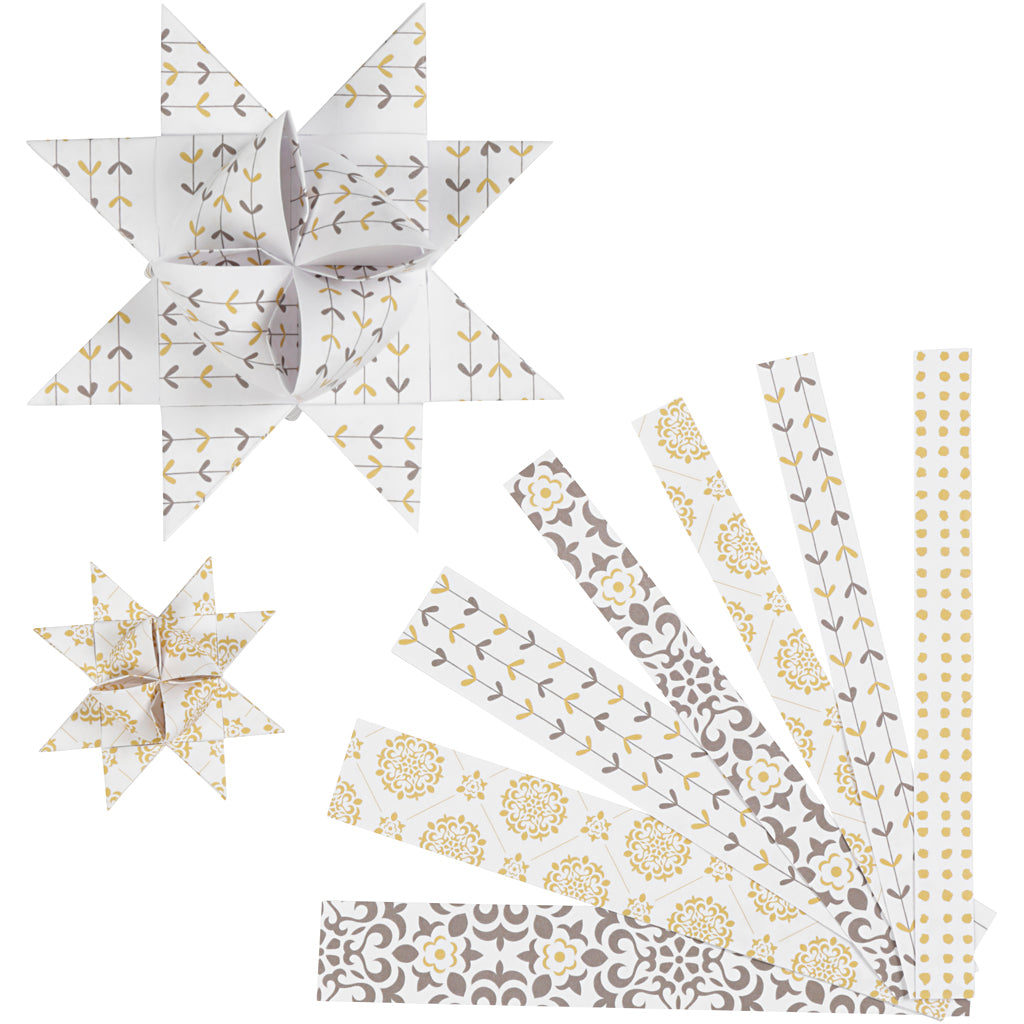 Stjernestrimler, L: 44+78 cm, B: 15+25 mm, diam. 6,5+11,5 cm, guld, hvid, 48 strimler/ 1 pk.
