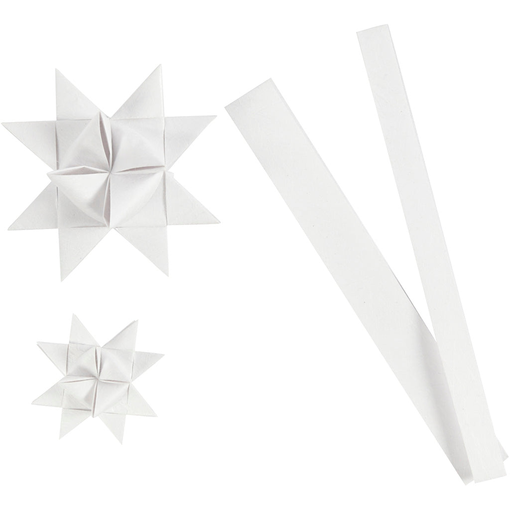 Stjernestrimler, L: 44+78 cm, B: 15+25 mm, diam. 6,5+11,5 cm, hvid, 32 strimler/ 1 pk.