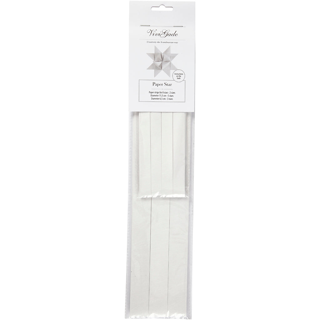 Stjernestrimler, L: 44+78 cm, B: 15+25 mm, diam. 6,5+11,5 cm, hvid, 32 strimler/ 1 pk.