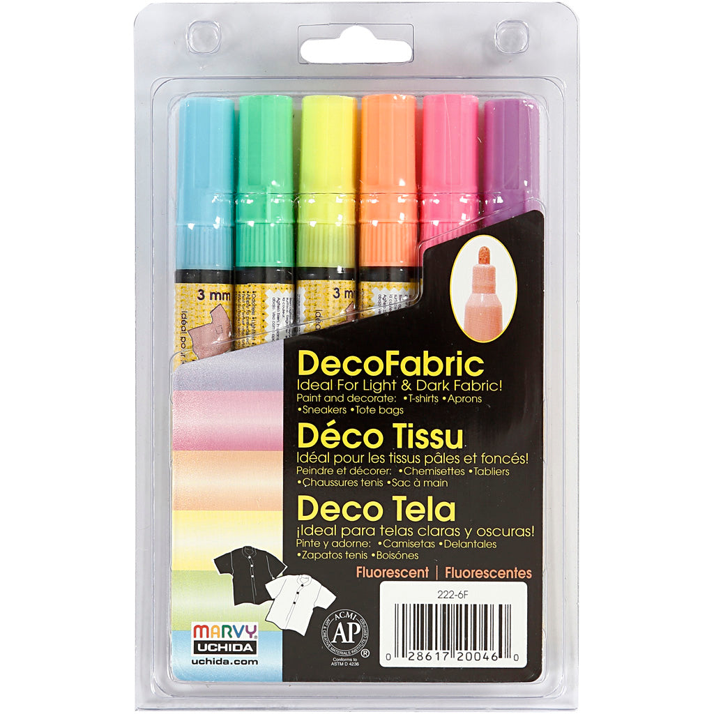 Deco Tekstiltusch, streg 3 mm, neonfarver, 6 stk./ 1 pk.