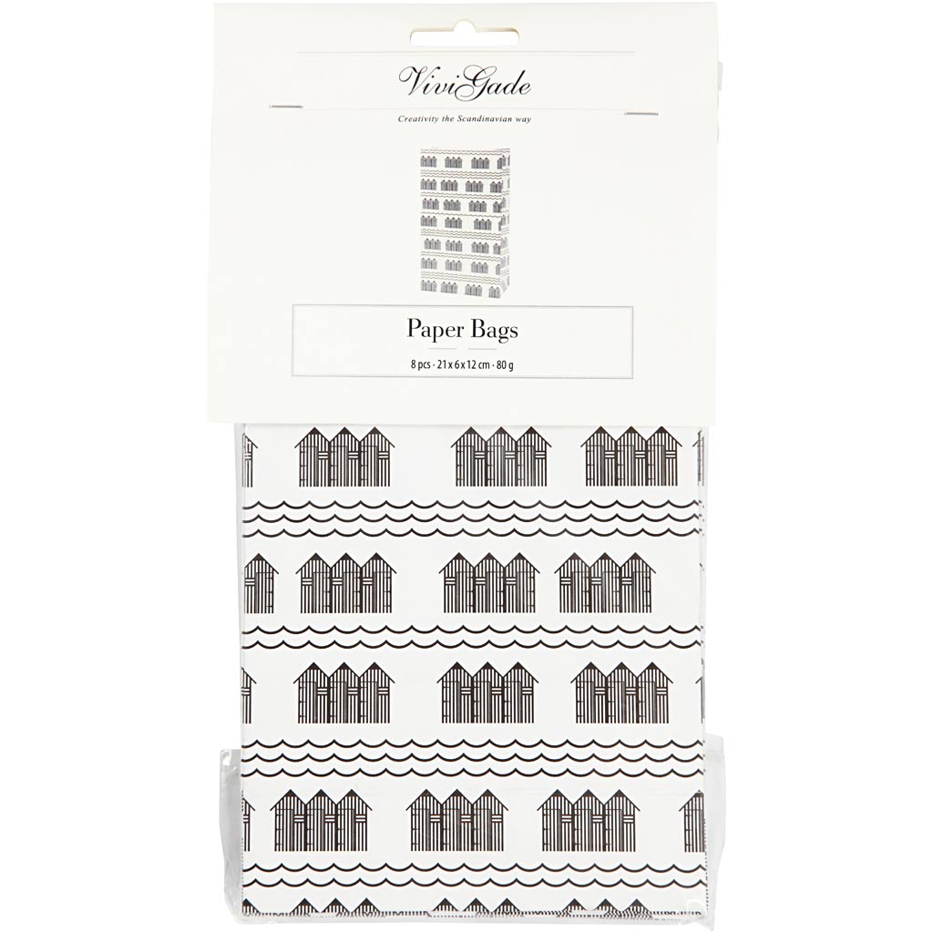 Papirposer, H: 21 cm, str. 6x12 cm, 80 g, sort, hvid, 8 stk./ 1 pk.