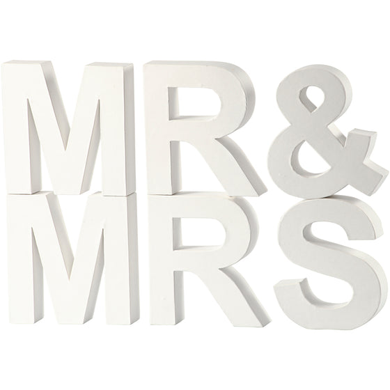 Bogstaver, MR & MRS , H: 17,5 cm, D: 4,5 cm, hvid, 1 sæt