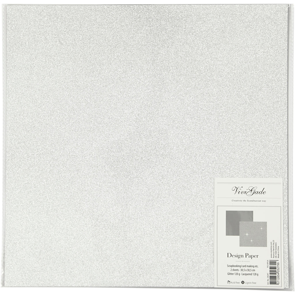 Designpapir , ark 30,5x30,5 cm, 120+128 g, sølv, 2 ark/ 1 pk.
