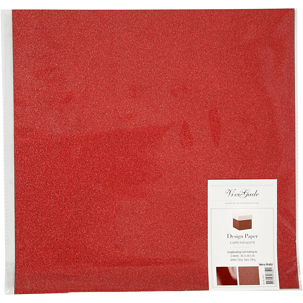 Designpapir , ark 30,5x30,5 cm, 120+128 g, rød, 2 ark/ 1 pk.