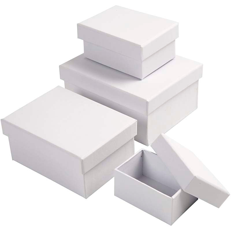 Rektangulære Æsker, str. 7,5x5x3,5 + 9,5x7x4,5 + 11,5x8,5x5,5 + 14x11x6,5 cm, hvid, 4 stk./ 1 sæt