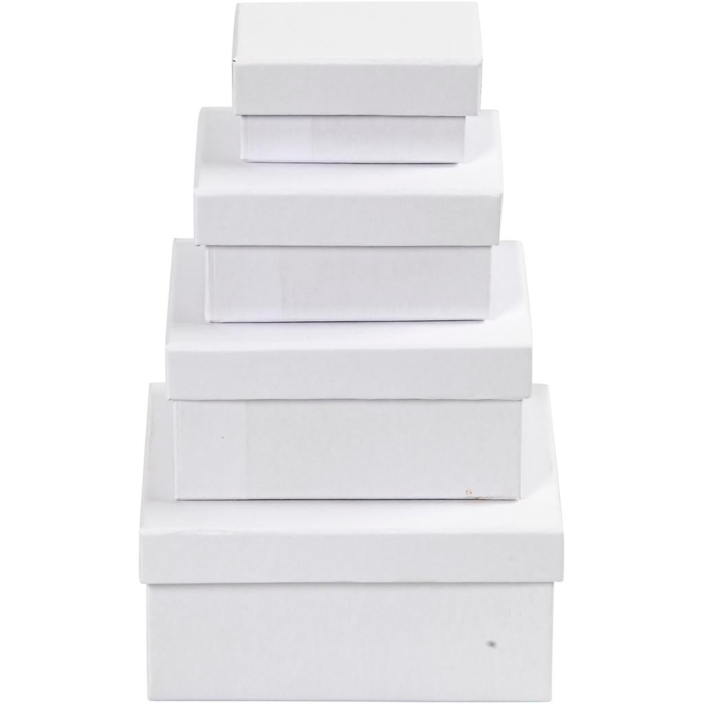 Rektangulære Æsker, str. 7,5x5x3,5 + 9,5x7x4,5 + 11,5x8,5x5,5 + 14x11x6,5 cm, hvid, 4 stk./ 1 sæt