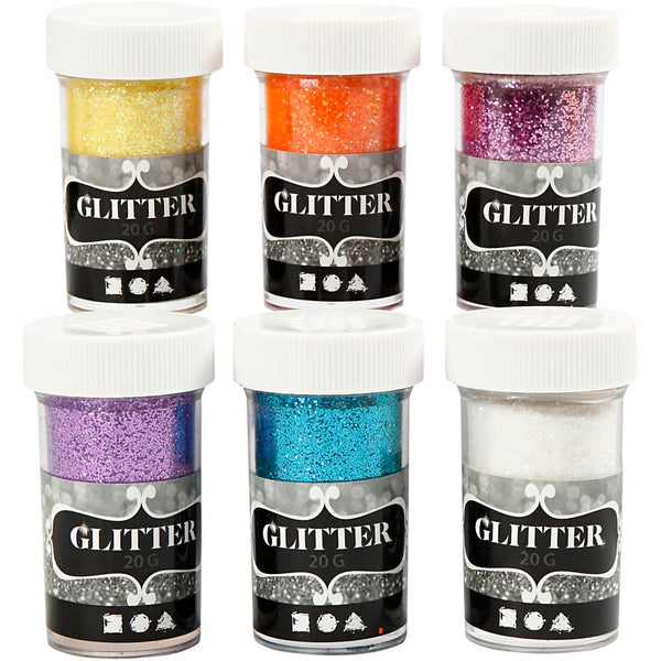 Glitter, ass. farver, 6x20 g/ 1 pk.