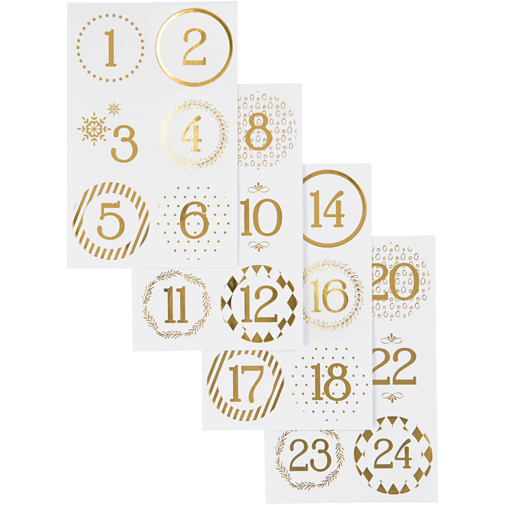 Kalendertal, diam. 40 mm, ark 9x14 cm, guld, hvid, 4 ark/ 1 pk.