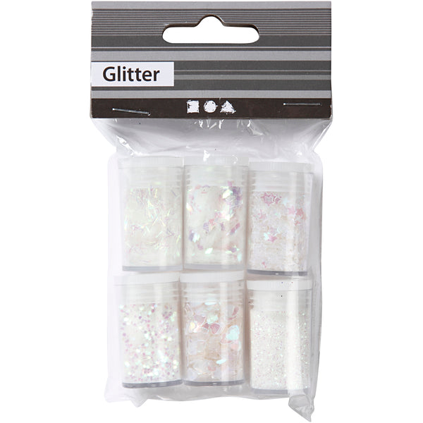 Glitter og Pailletter, hvid, 6x5 g/ 1 pk.
