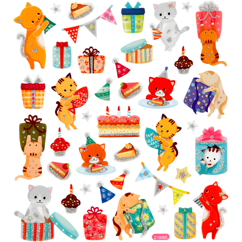 Stickers, kattefødselsdag, ark 15x16,5 cm, 1 ark
