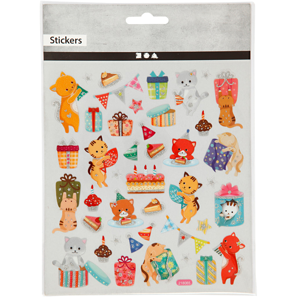 Stickers, kattefødselsdag, ark 15x16,5 cm, 1 ark