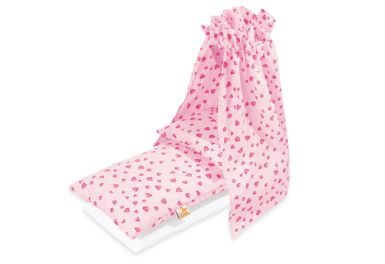Pinolino Sengetøj til dukkevugge med himmel 4 dele, Hjerter/Rosa