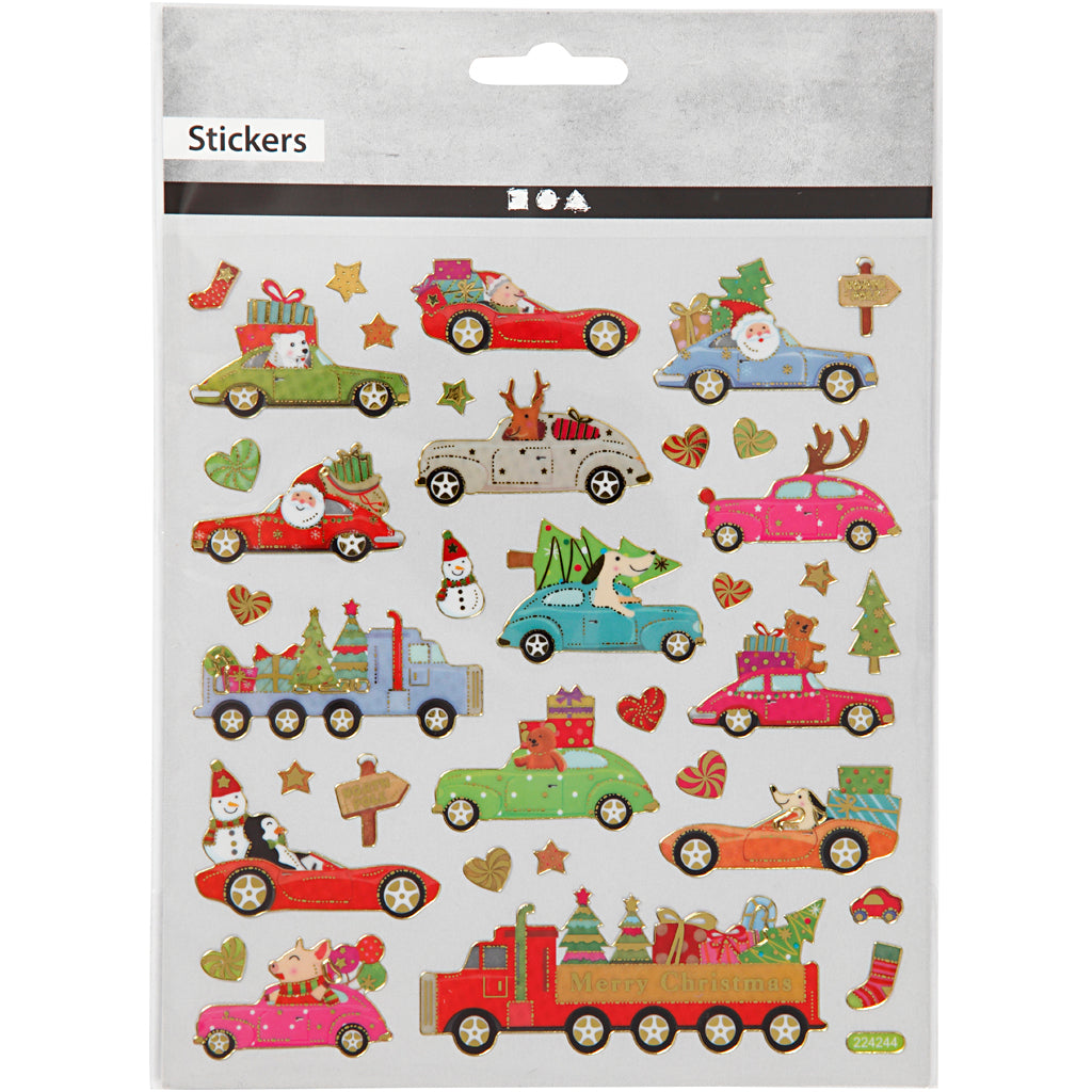 Stickers, kører hjem til jul, ark 15x16,5 cm, 1 ark