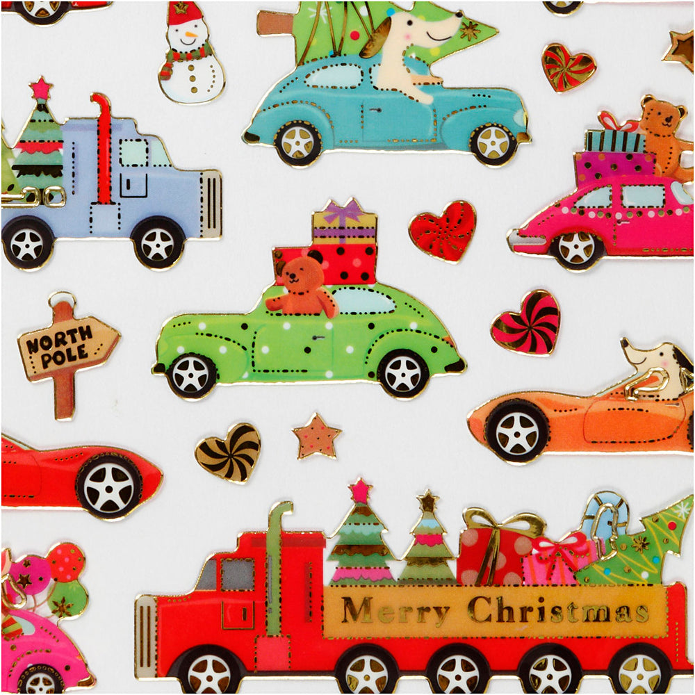 Stickers, kører hjem til jul, ark 15x16,5 cm, 1 ark