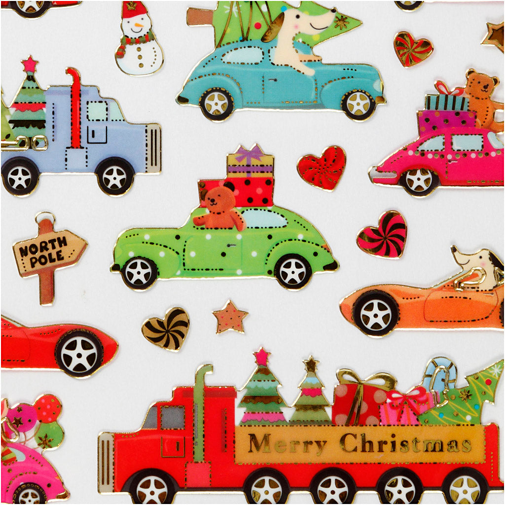 Stickers, kører hjem til jul, ark 15x16,5 cm, 1 ark