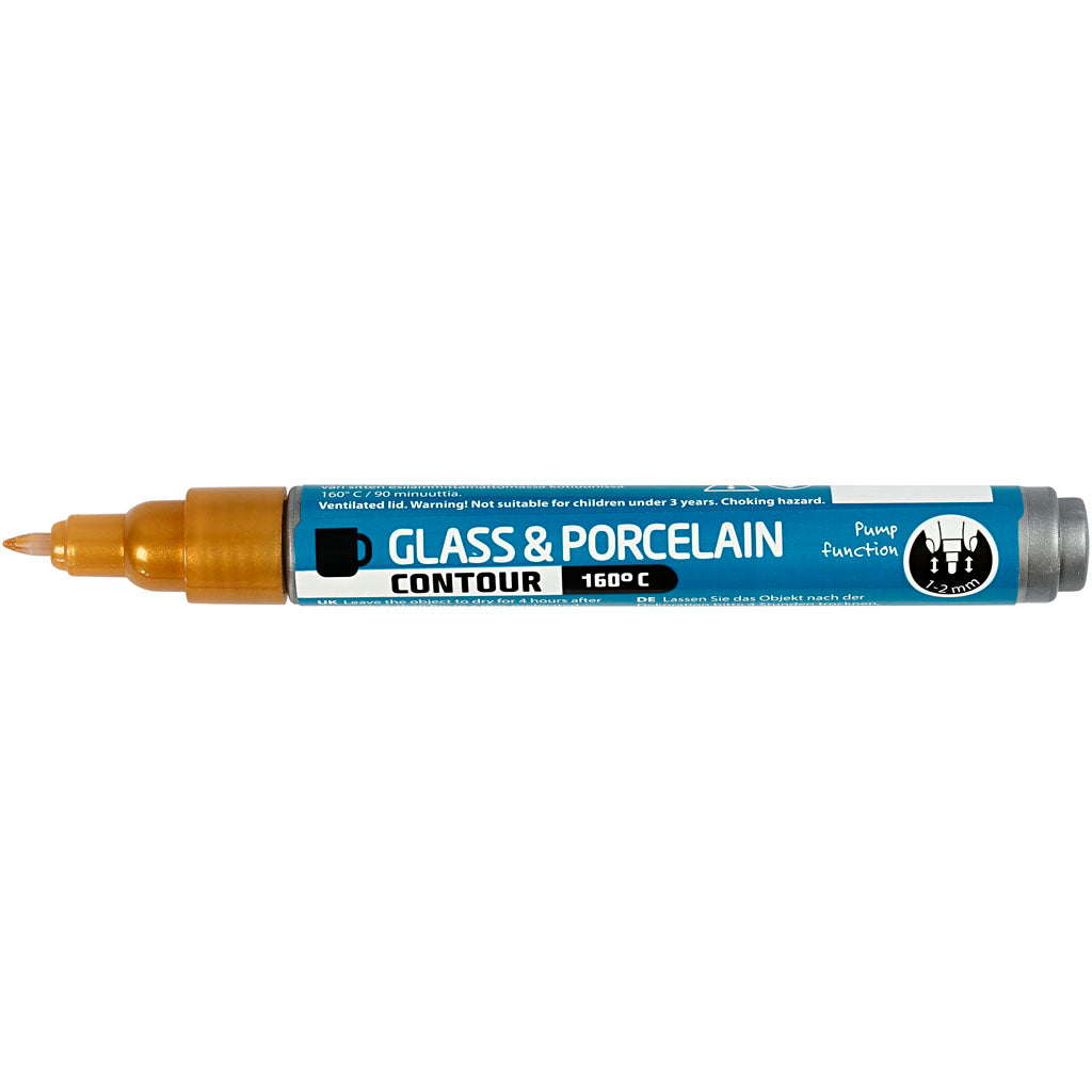 Glas- og porcelænskontur, streg 1-2 mm, dækkende, guld, 1 stk.