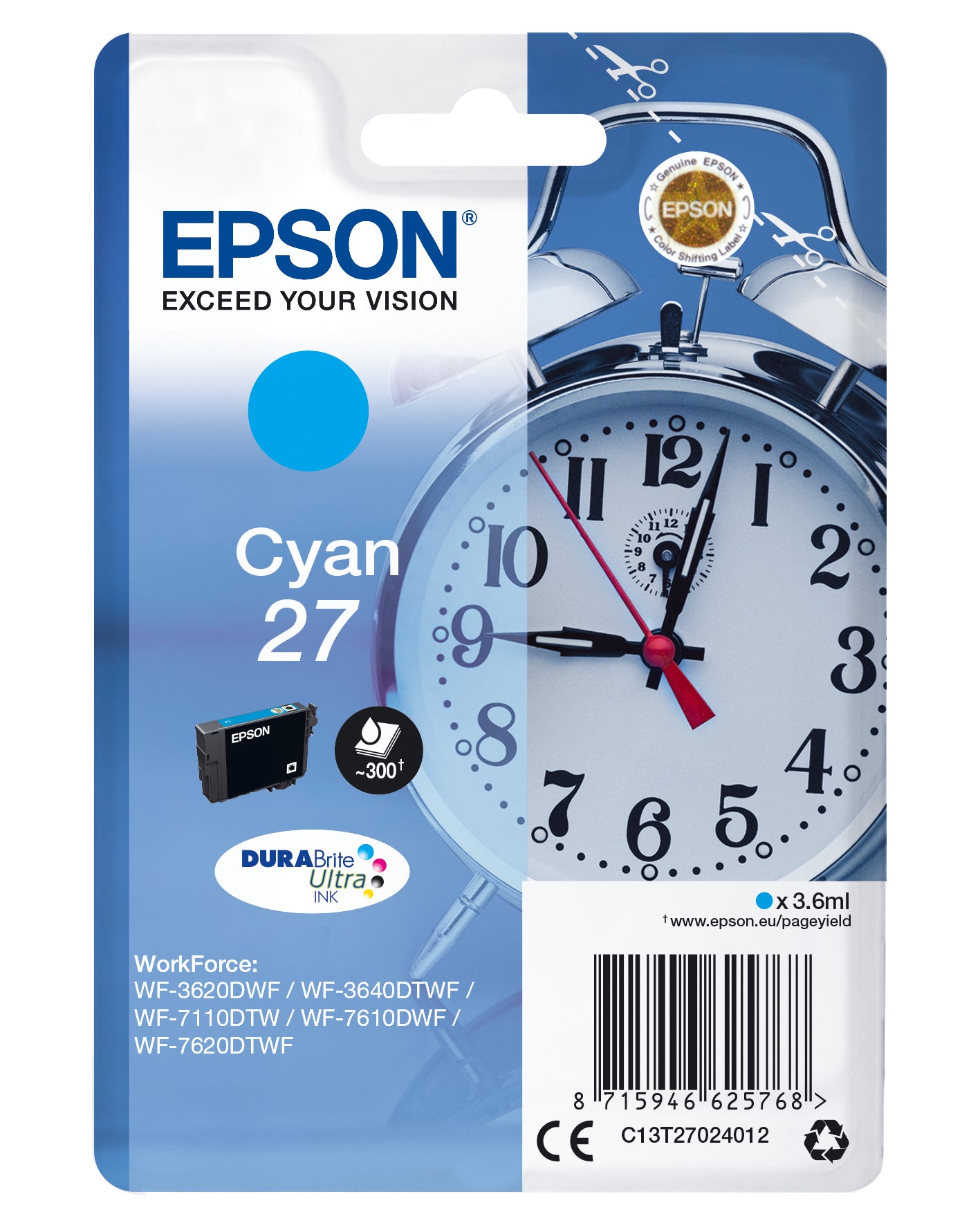 Epson 27 Cyan 300 sider Blæk C13T27024012