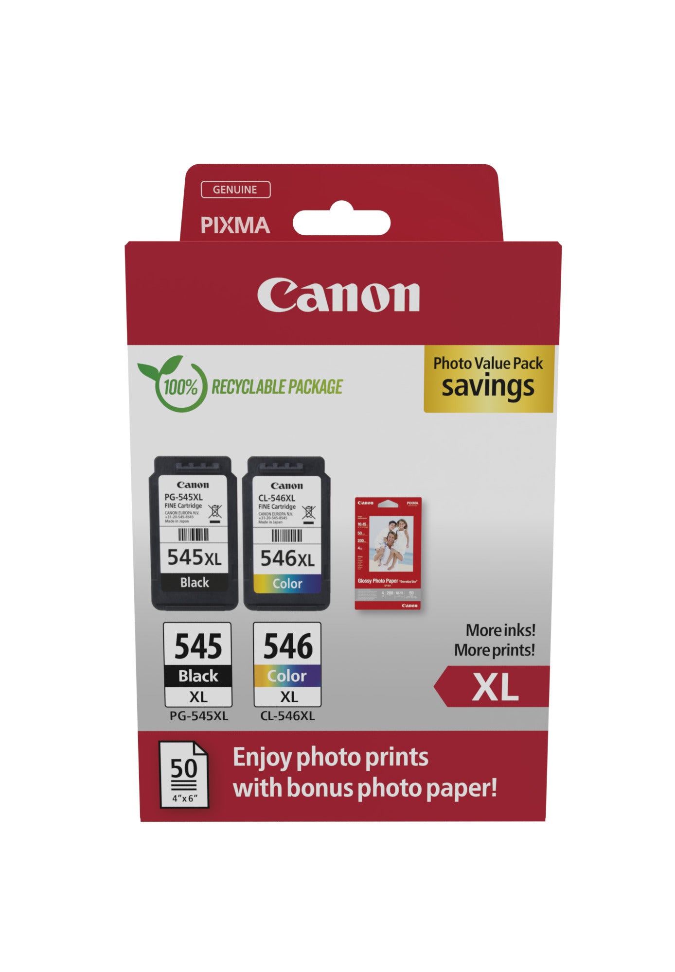 Canon PG-545XL/CL-546XL Photo Paper Value Pack Sort Farve (cyan, magenta, gul) Blækpatron/papirsæt