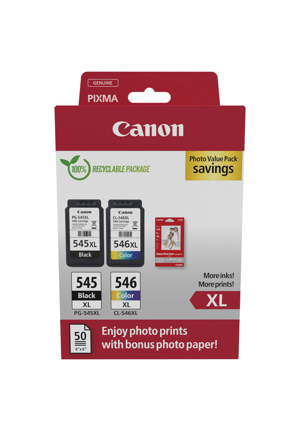Canon PG-545XL/CL-546XL Photo Paper Value Pack Sort Farve (cyan, magenta, gul) Blækpatron/papirsæt