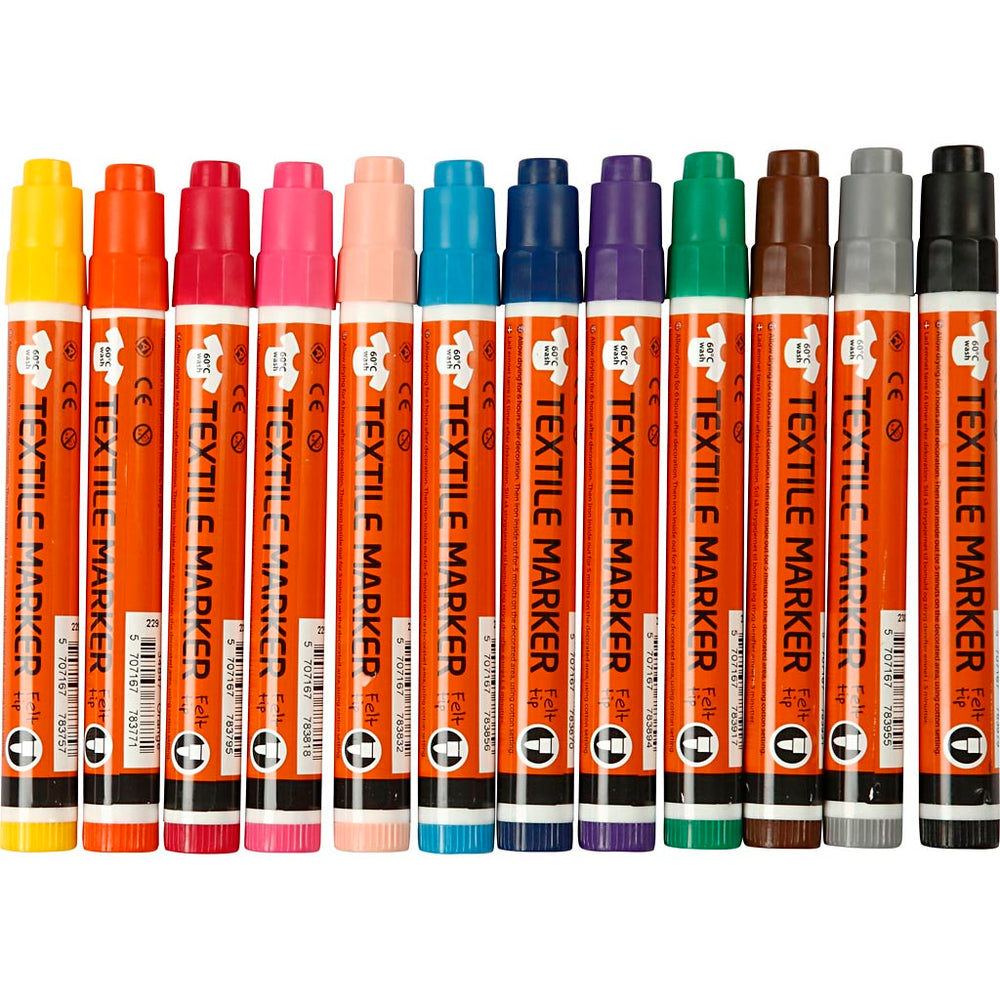 Tekstiltusch, streg 2-4 mm, ass. farver, 12 stk./ 1 pk.