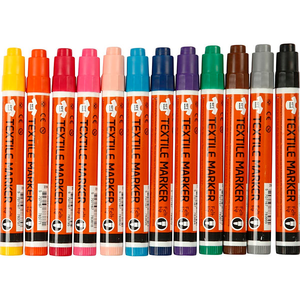 Tekstiltusch, streg 2-4 mm, ass. farver, 12 stk./ 1 pk.